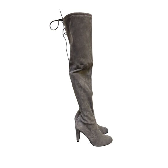Stuart Weitzman Suede Over-The-Knee Boots Grey With Block Heel & Tie Closure Siz - Picture 5 of 14